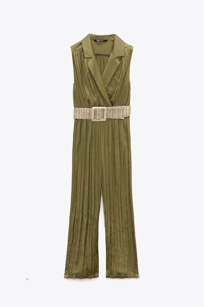 ZARA SATIN-EFFECT BELTED Jumpsuit Dam Olivgröna Gröna | YUMTD-8236