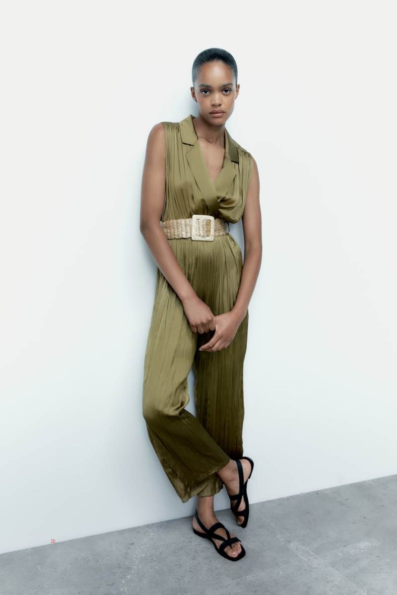 ZARA SATIN-EFFECT BELTED Jumpsuit Dam Olivgröna Gröna | YUMTD-8236