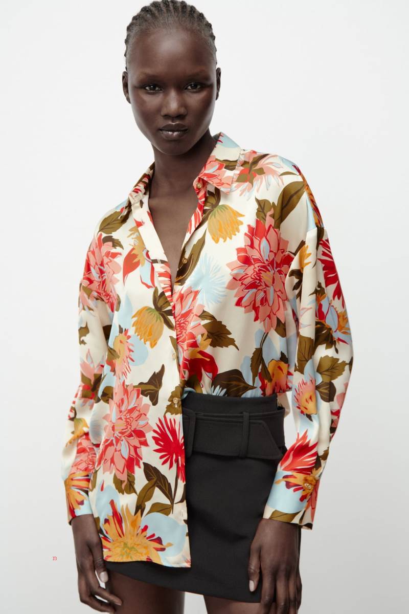 ZARA SATIN FLORAL PRINT Skjorta Dam Olika Färger Röda | ROTMY-1523
