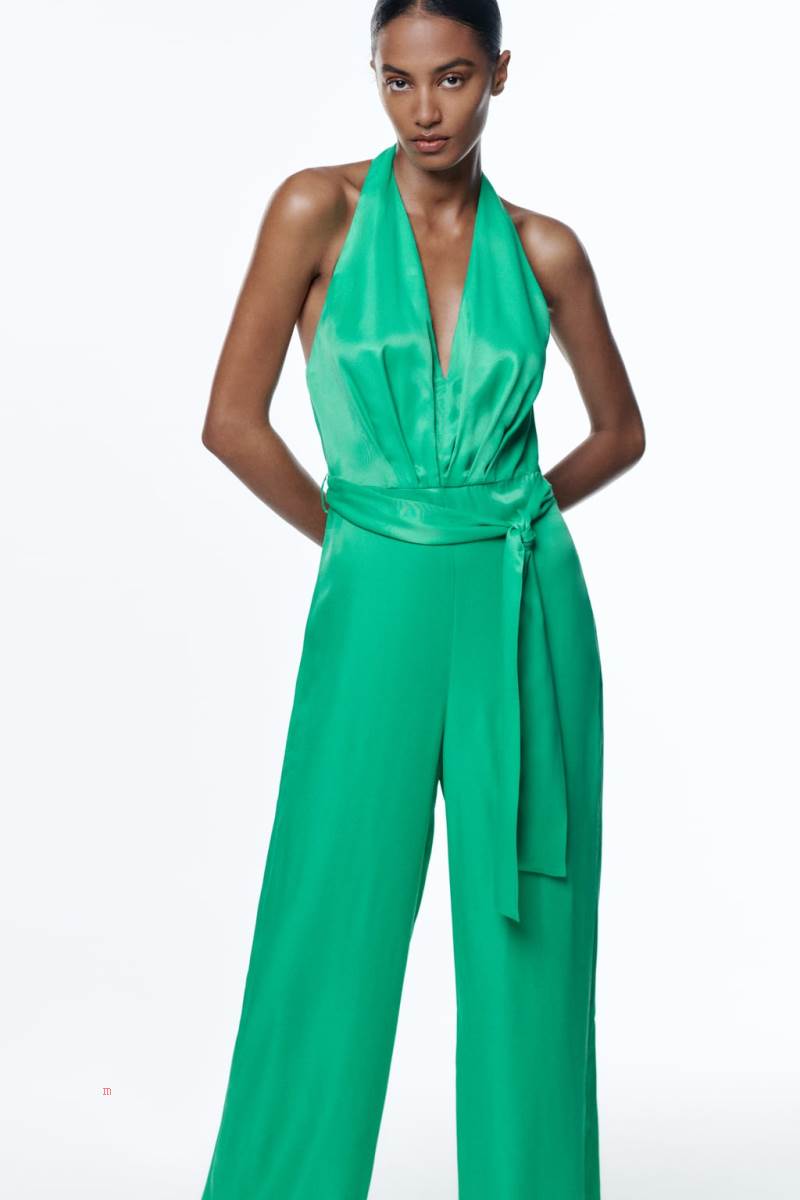 ZARA SATIN HALTERNECK Jumpsuit Dam Gröna | DWTCP-9467
