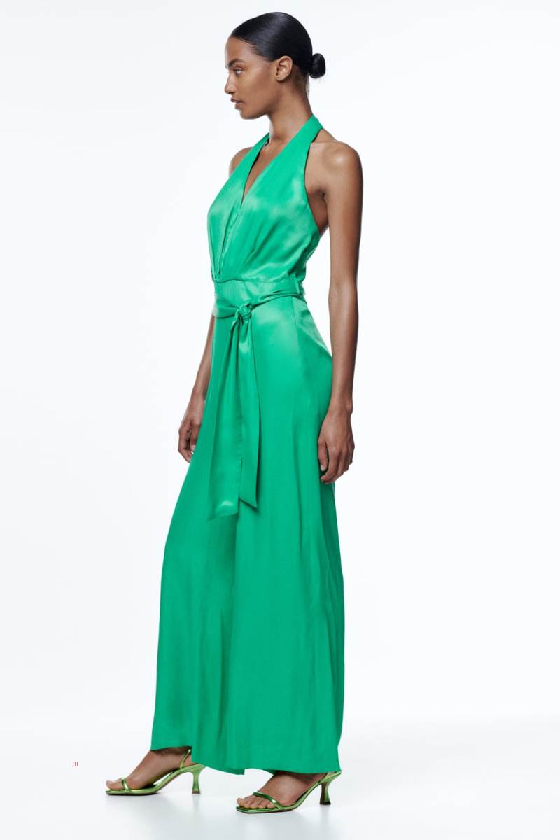ZARA SATIN HALTERNECK Jumpsuit Dam Gröna | DWTCP-9467