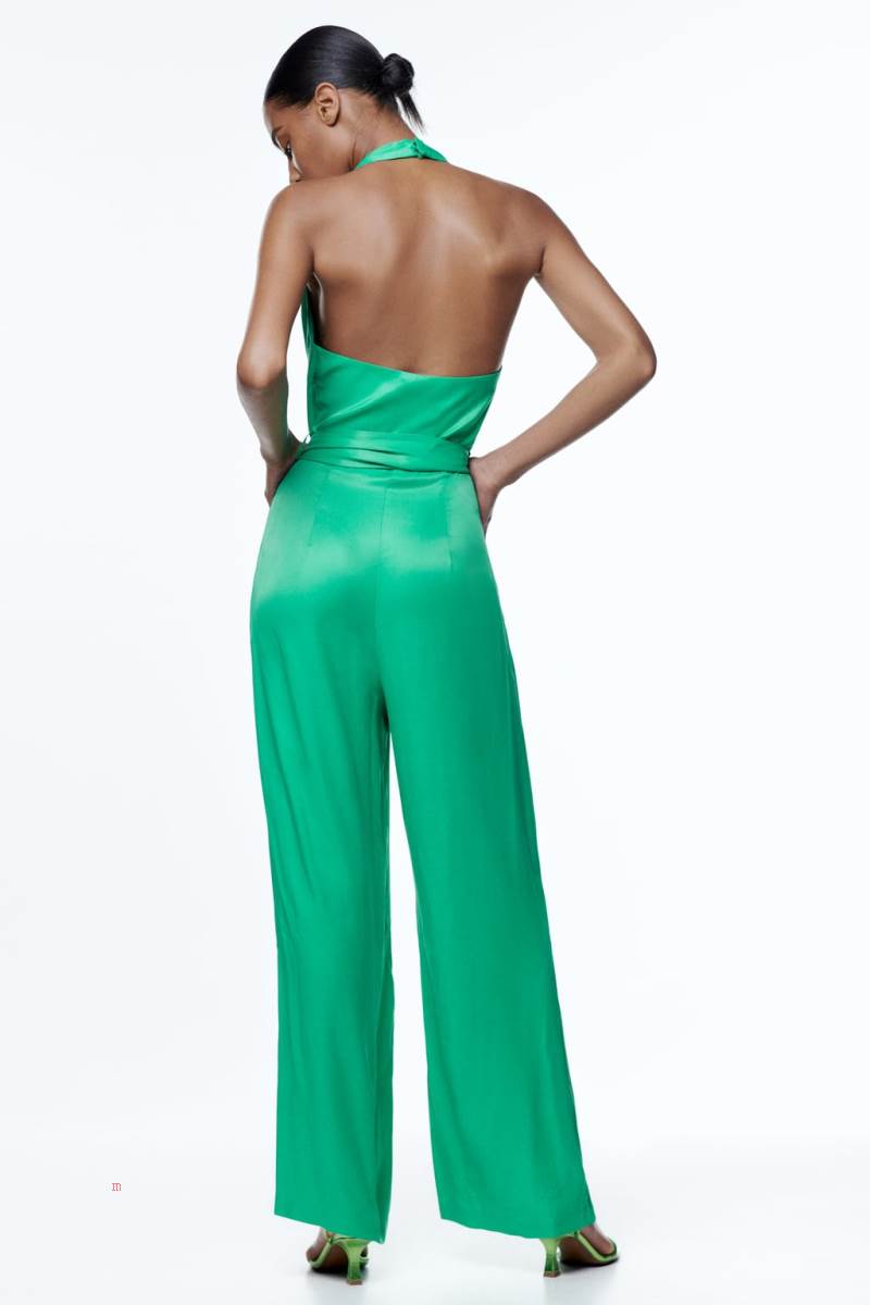 ZARA SATIN HALTERNECK Jumpsuit Dam Gröna | DWTCP-9467