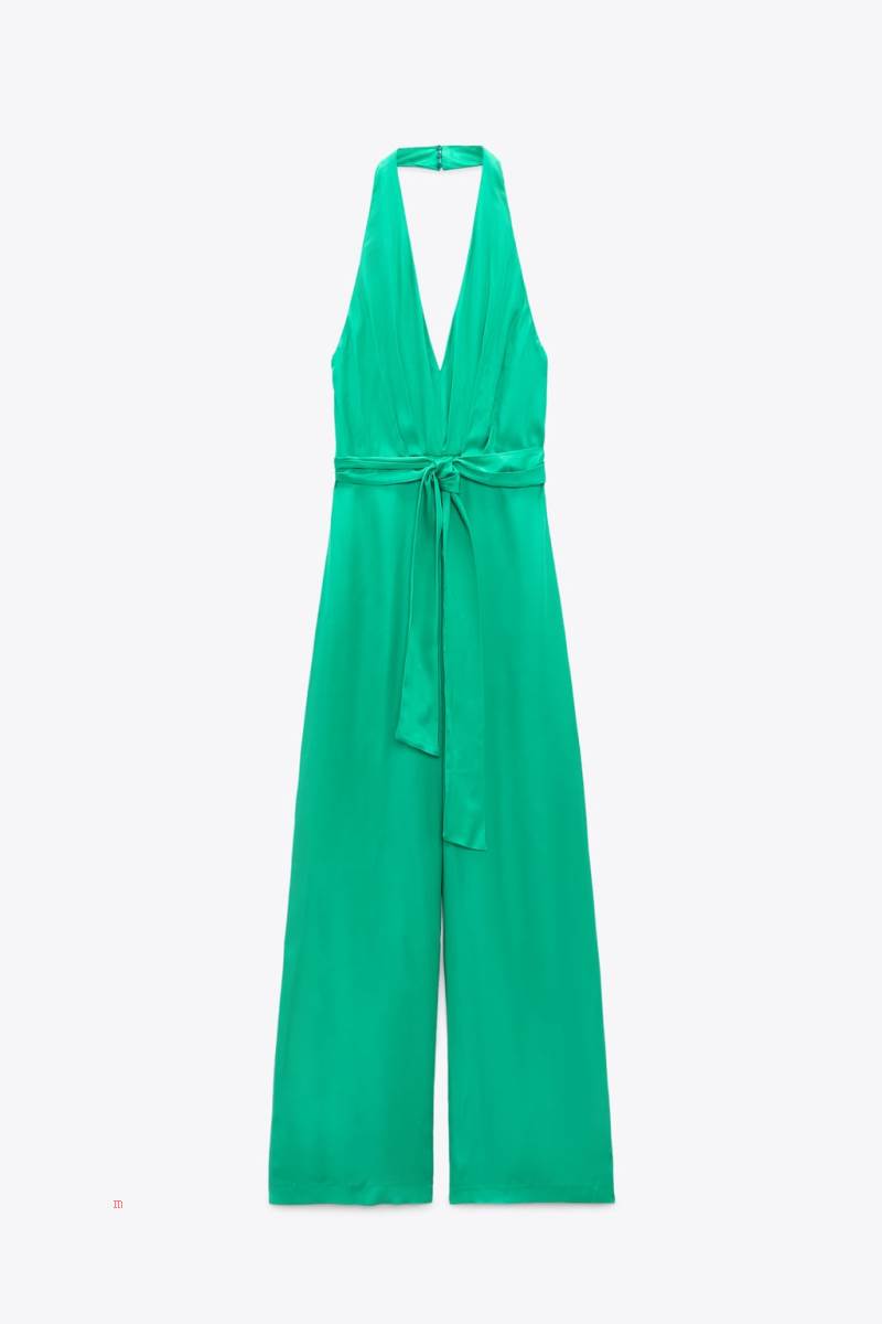 ZARA SATIN HALTERNECK Jumpsuit Dam Gröna | DWTCP-9467