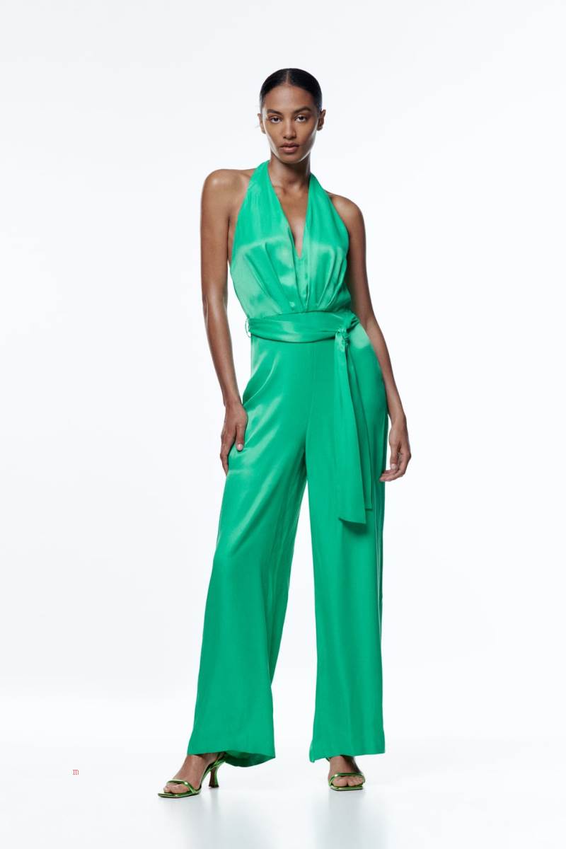 ZARA SATIN HALTERNECK Jumpsuit Dam Gröna | DWTCP-9467