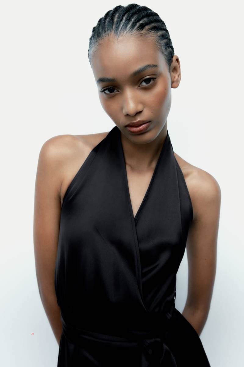 ZARA SATIN HALTERNECK Jumpsuit Dam Svarta | LZRUX-2479