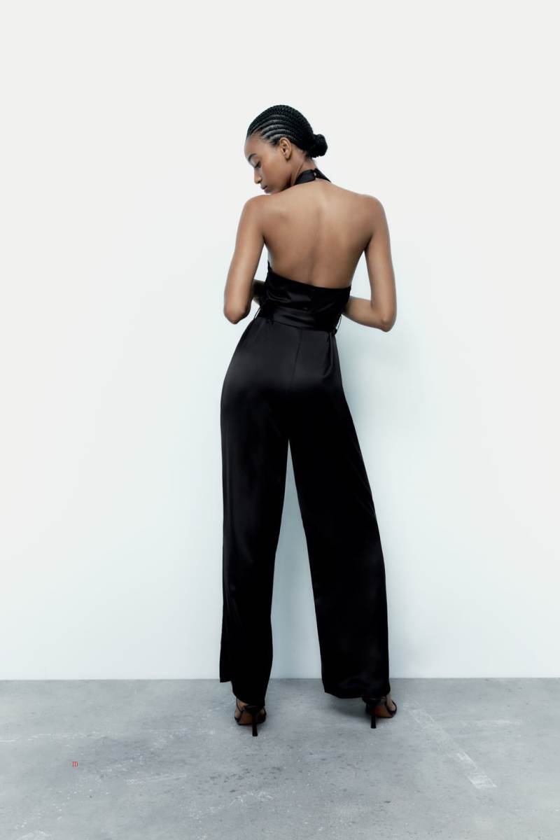 ZARA SATIN HALTERNECK Jumpsuit Dam Svarta | LZRUX-2479