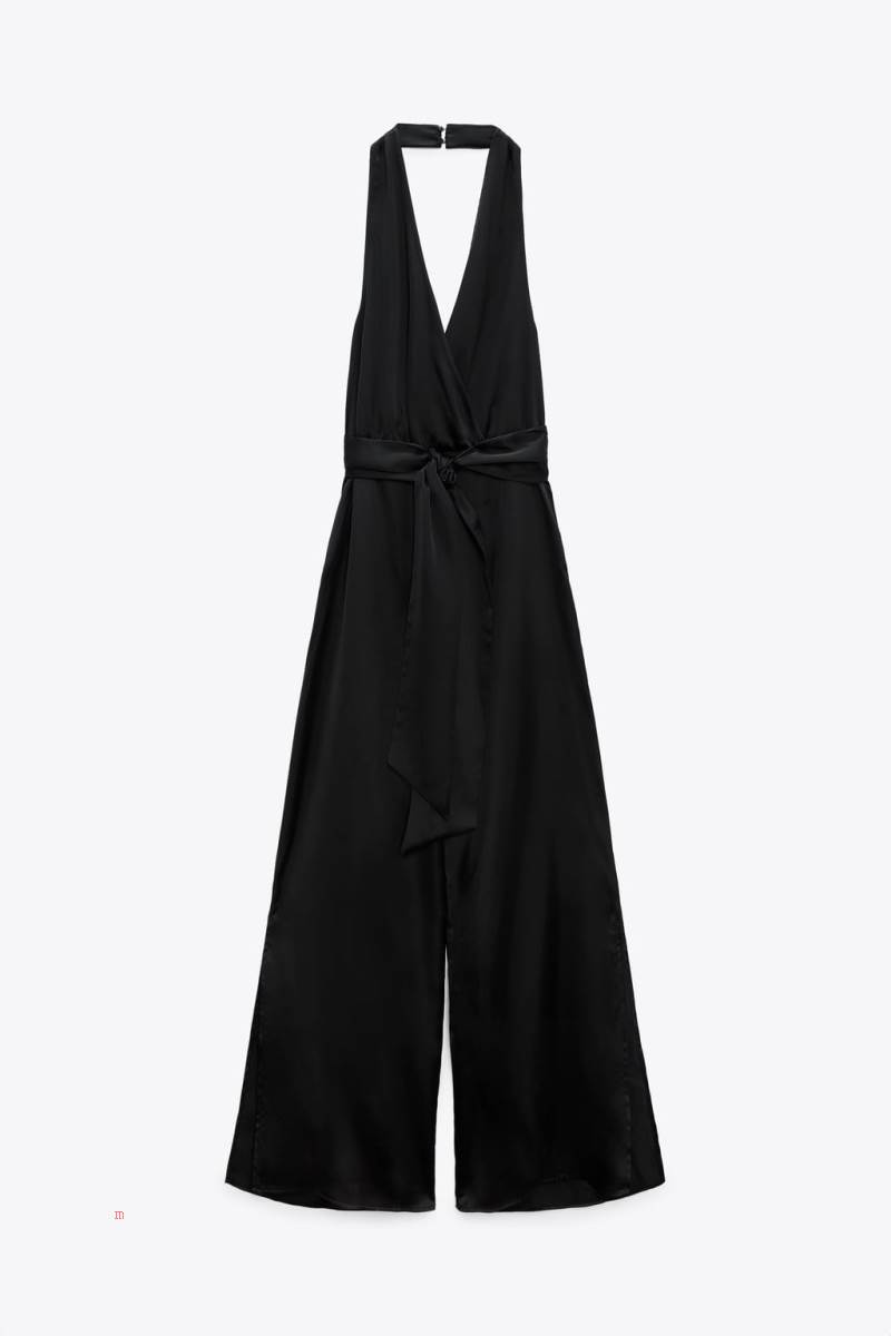 ZARA SATIN HALTERNECK Jumpsuit Dam Svarta | LZRUX-2479