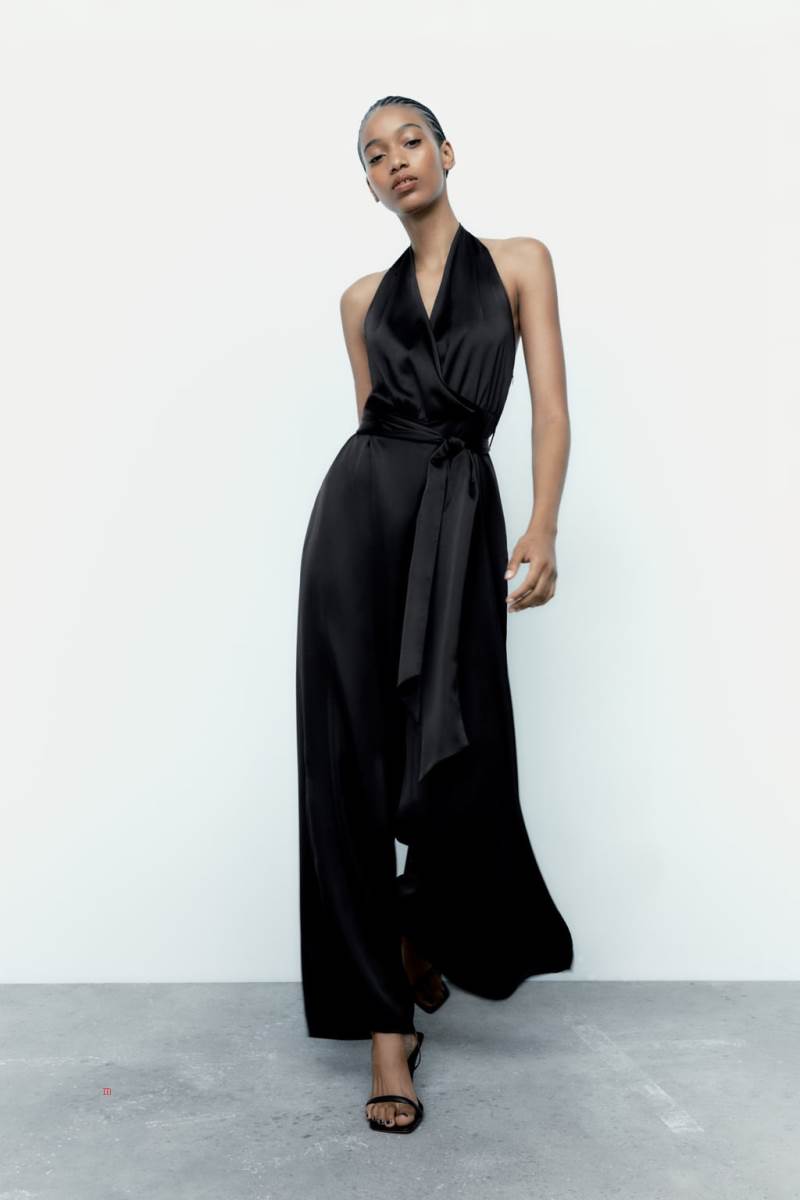 ZARA SATIN HALTERNECK Jumpsuit Dam Svarta | LZRUX-2479
