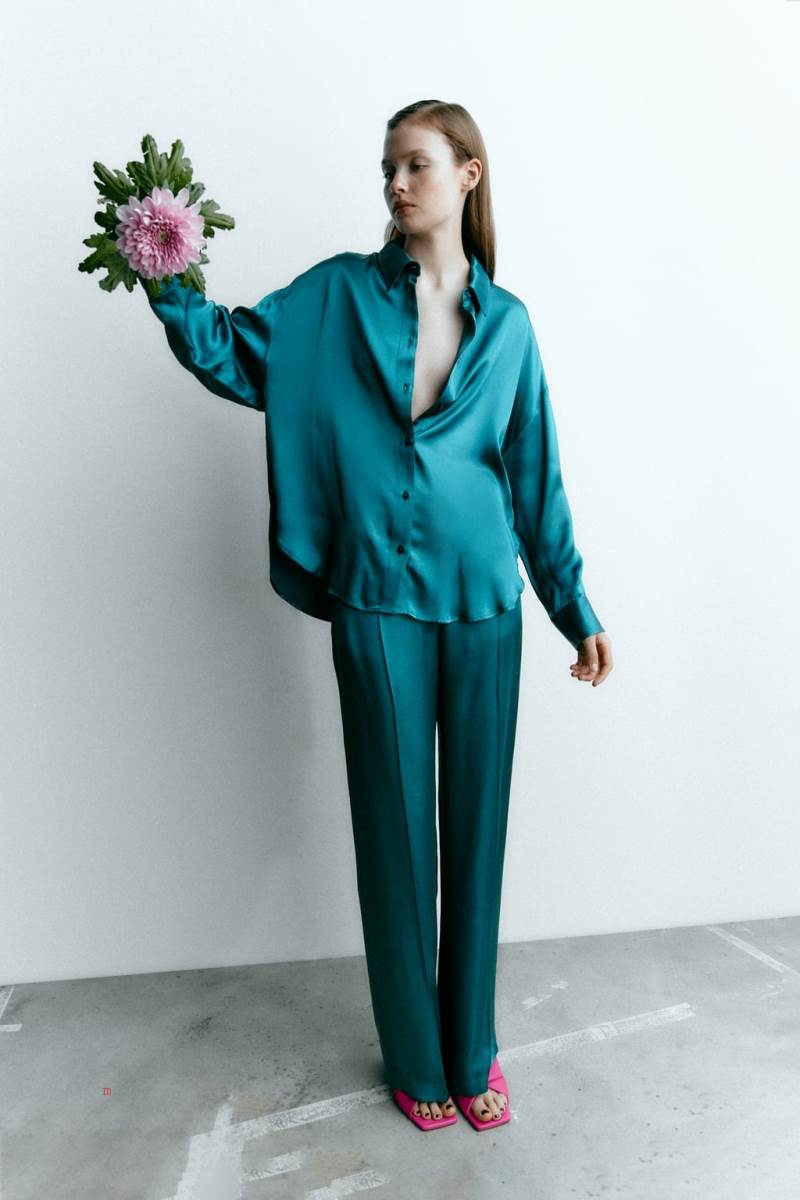 ZARA SATIN OVERSIZE Skjorta Dam Gröna | RCKDG-5493