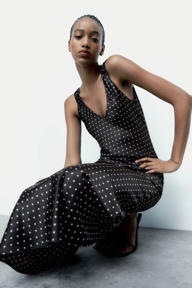 ZARA SATIN POLKA DOT CAMISOLE MAXI Klänning Dam Svarta | KXENG-9065