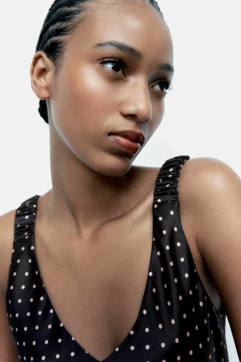 ZARA SATIN POLKA DOT CAMISOLE MAXI Klänning Dam Svarta | KXENG-9065