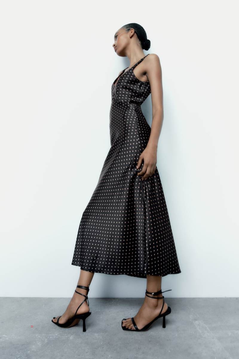 ZARA SATIN POLKA DOT CAMISOLE MAXI Klänning Dam Svarta | KXENG-9065