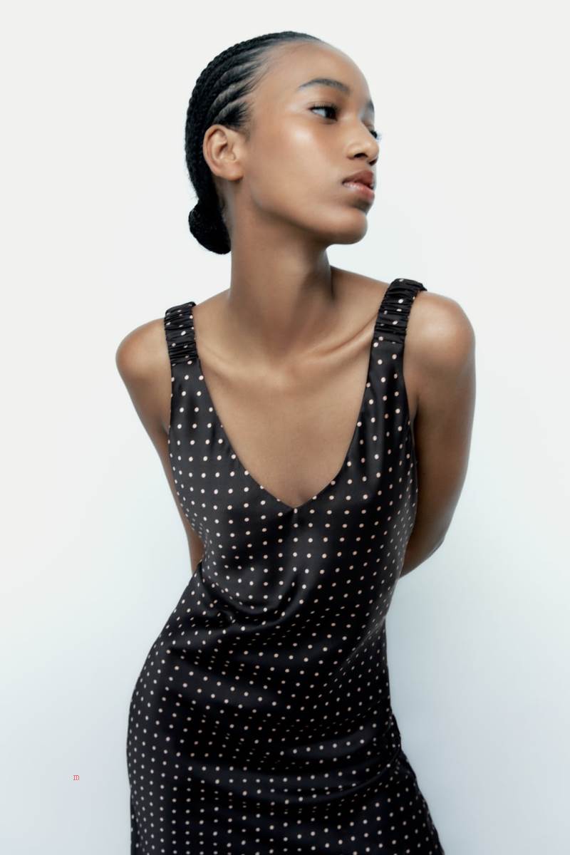 ZARA SATIN POLKA DOT CAMISOLE MAXI Klänning Dam Svarta | KXENG-9065