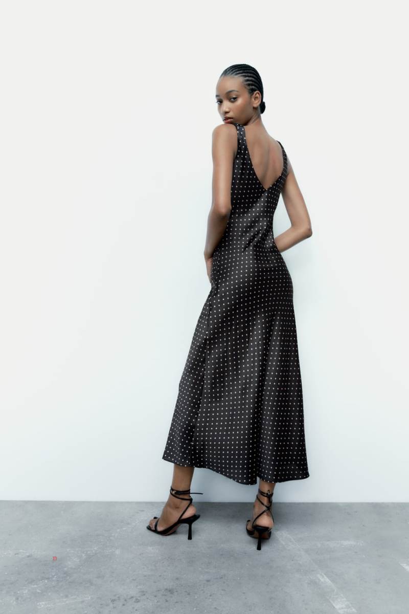 ZARA SATIN POLKA DOT CAMISOLE MAXI Klänning Dam Svarta | KXENG-9065