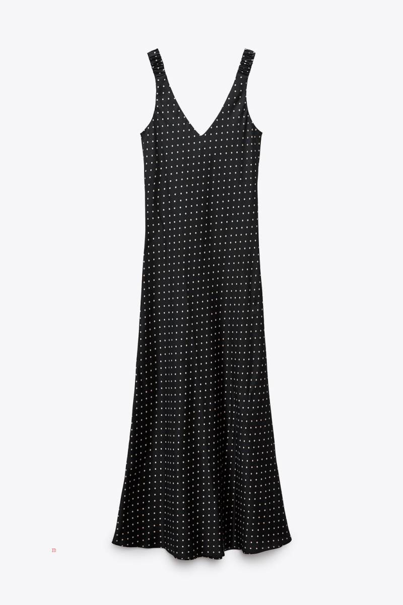 ZARA SATIN POLKA DOT CAMISOLE MAXI Klänning Dam Svarta | KXENG-9065