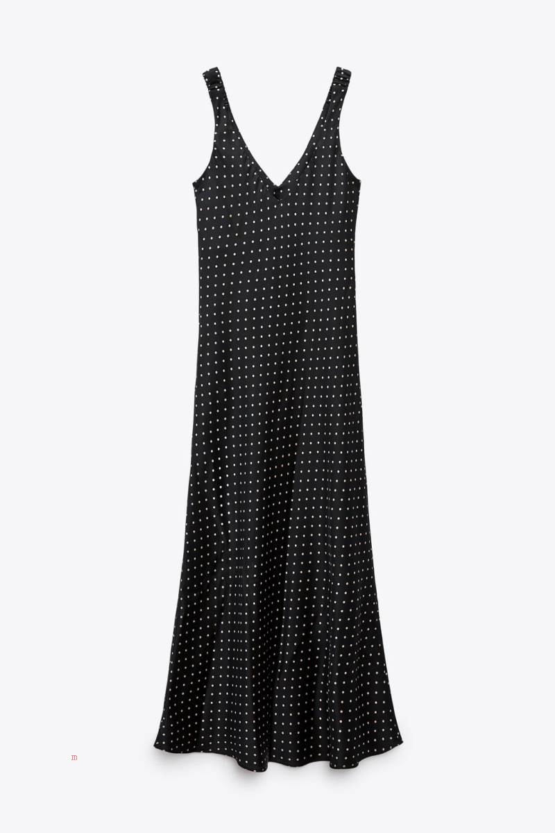 ZARA SATIN POLKA DOT CAMISOLE MAXI Klänning Dam Svarta | KXENG-9065