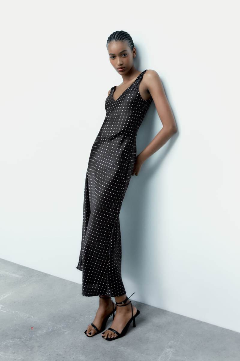 ZARA SATIN POLKA DOT CAMISOLE MAXI Klänning Dam Svarta | KXENG-9065