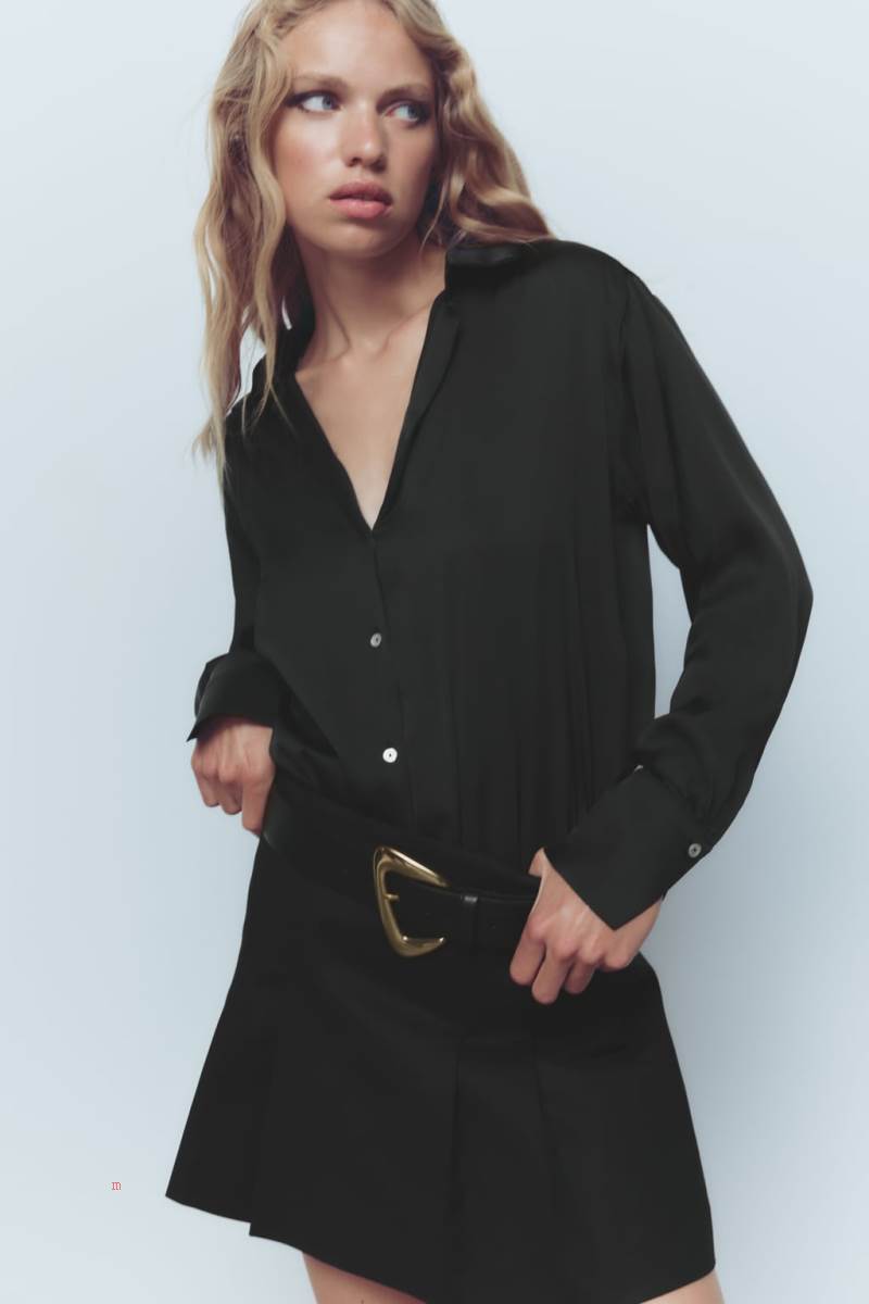 ZARA SATIN Skjorta Dam Svarta | PWIEU-1702