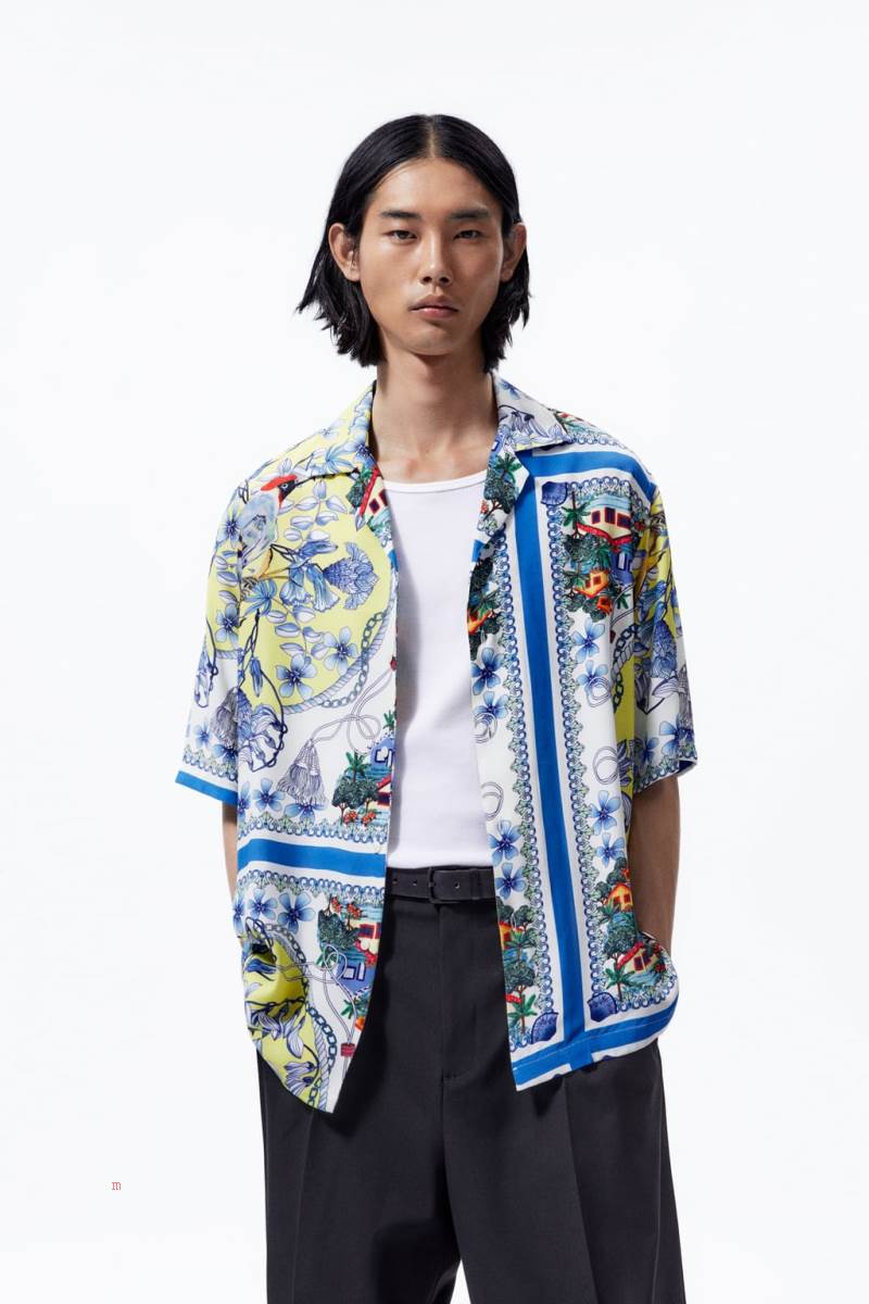 ZARA SCARF PRINT Skjorta Herr Svarta Vita | TJDAR-7853