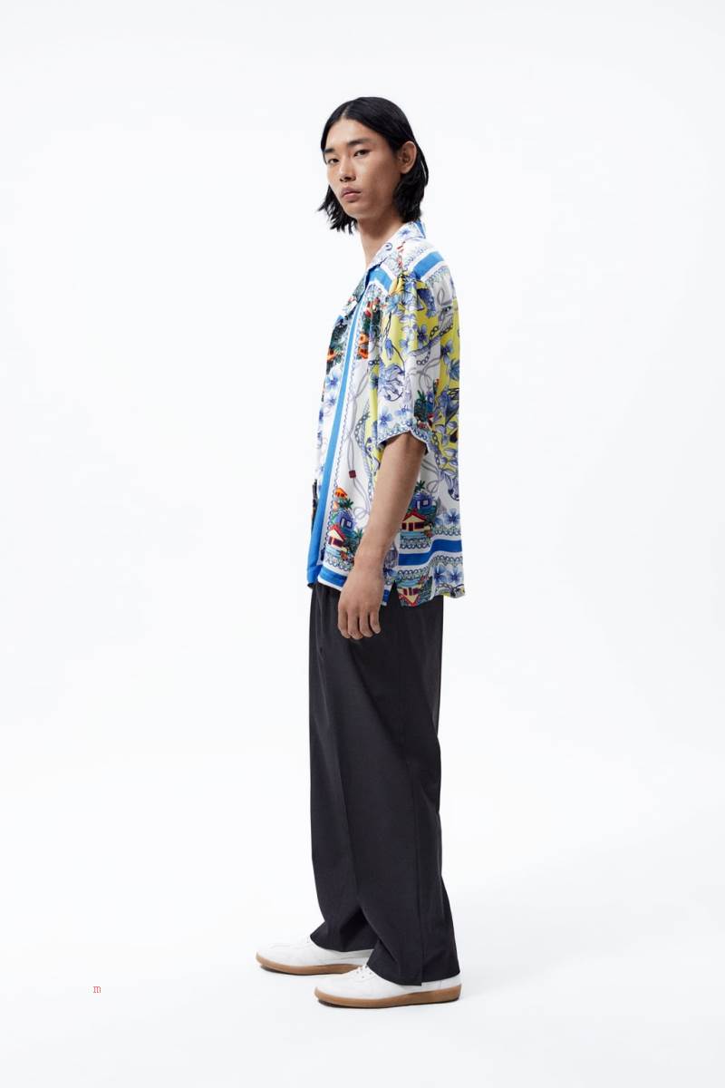 ZARA SCARF PRINT Skjorta Herr Svarta Vita | TJDAR-7853