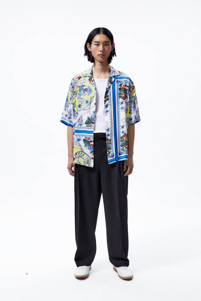 ZARA SCARF PRINT Skjorta Herr Svarta Vita | TJDAR-7853