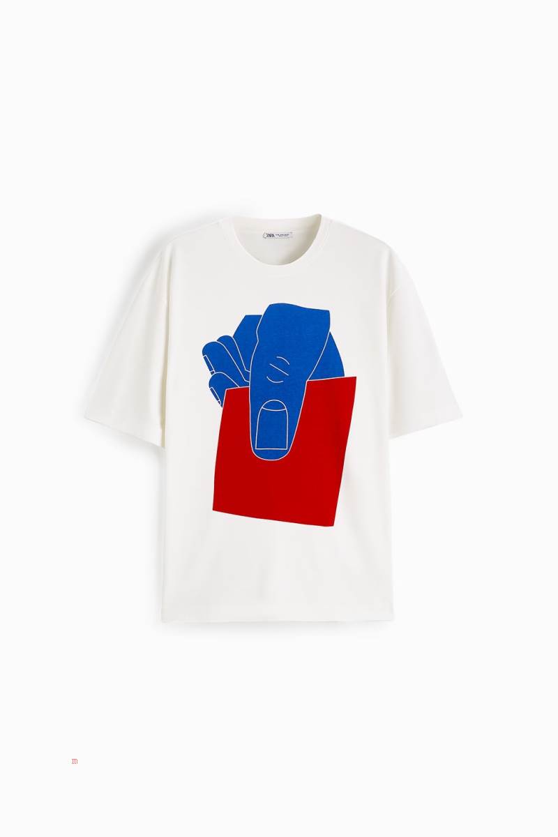 ZARA SEBASTIAN CURI GRAPHIC T-shirt Herr Vita | GZPOC-7834