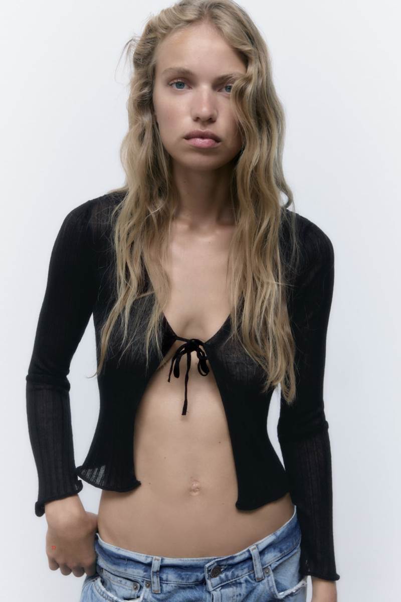 ZARA SEMI-SHEER KNIT Cardigan Dam Svarta | PCINR-4906