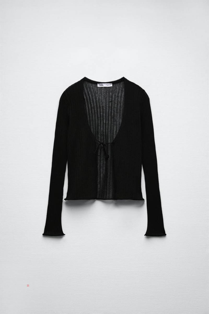 ZARA SEMI-SHEER KNIT Cardigan Dam Svarta | PCINR-4906