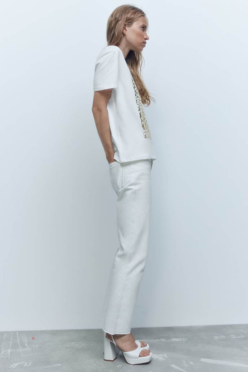 ZARA SHIMMERY SLOGAN T-shirt Dam Guld | BHAIV-0283