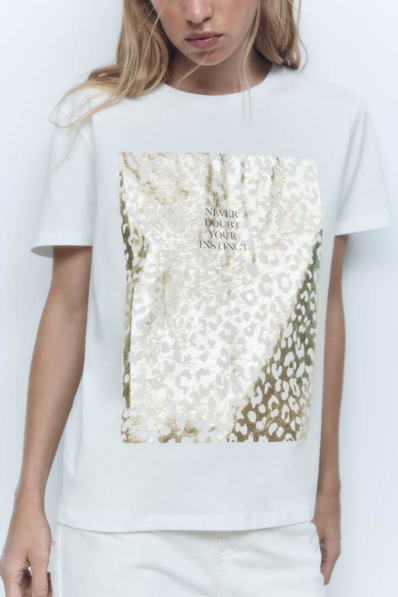 ZARA SHIMMERY SLOGAN T-shirt Dam Guld | BHAIV-0283