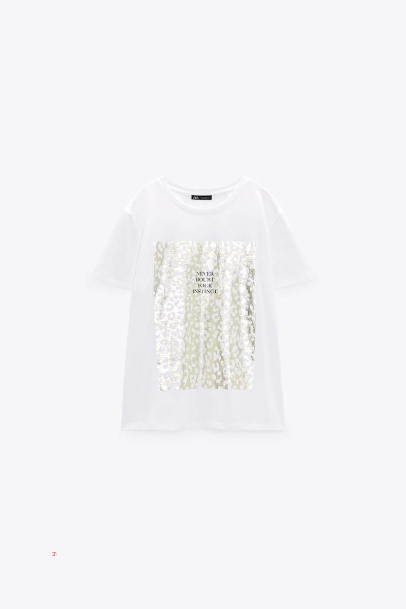 ZARA SHIMMERY SLOGAN T-shirt Dam Guld | BHAIV-0283