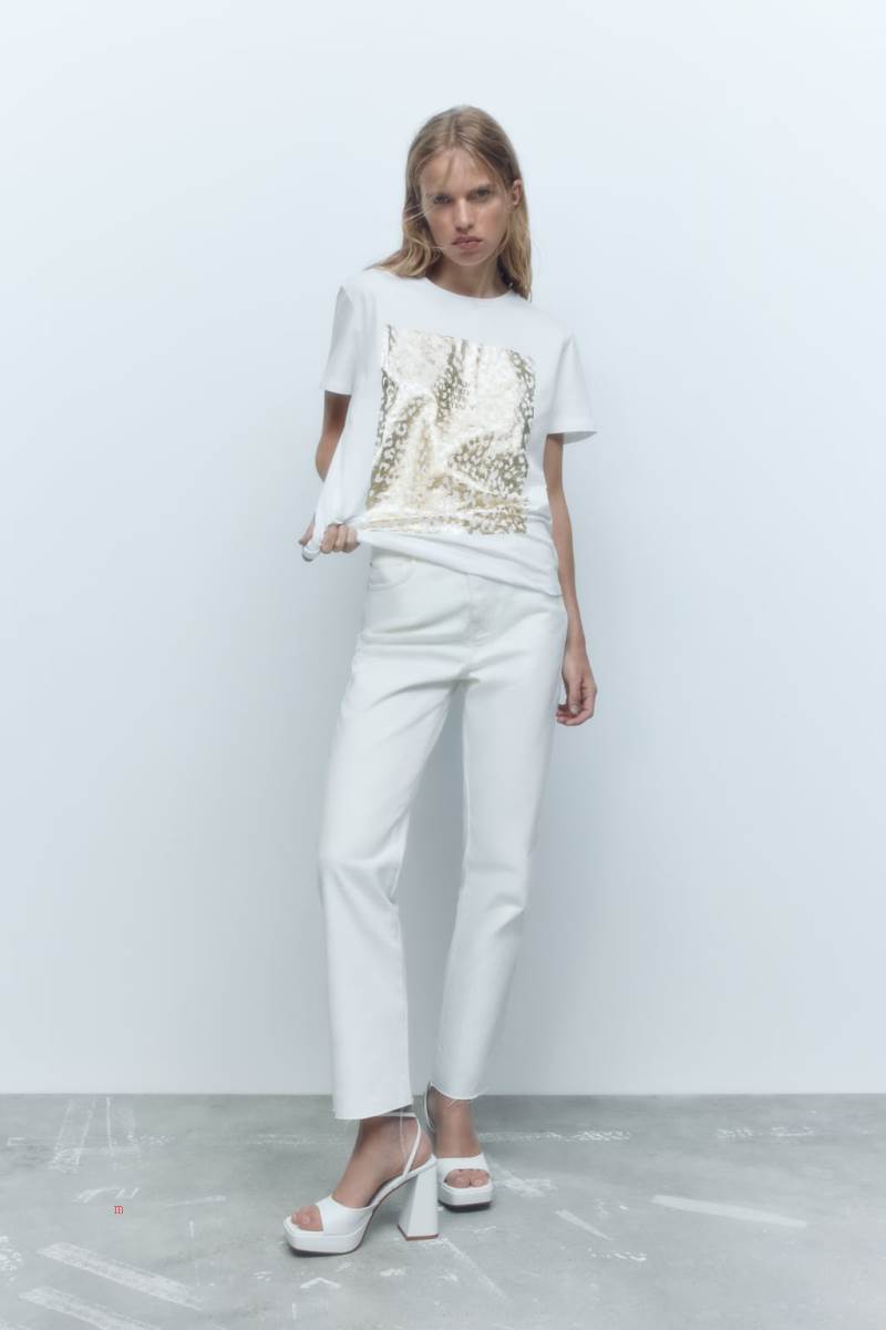 ZARA SHIMMERY SLOGAN T-shirt Dam Guld | BHAIV-0283
