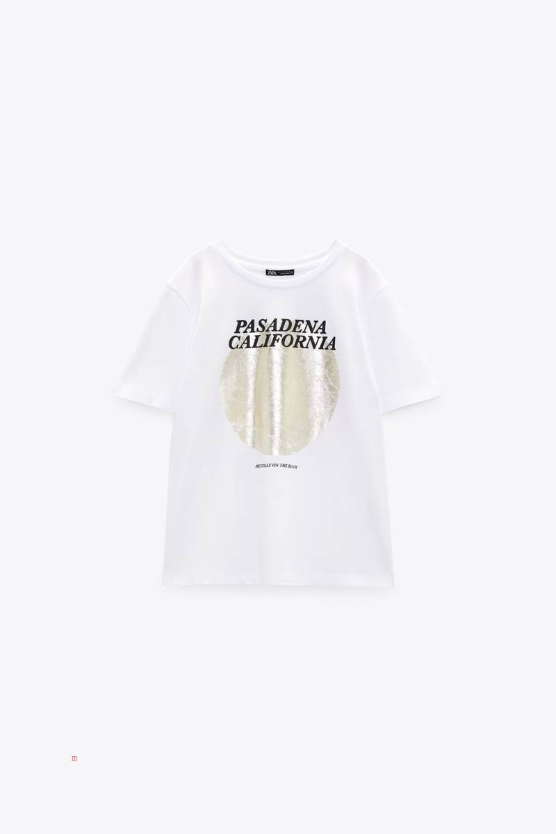 ZARA SHIMMERY SLOGAN T-shirt Dam Guld | NZGQB-0386