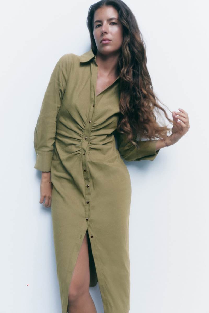 ZARA SHIRT WITH GATHERING Klänning Dam Khaki | SRWLQ-4821