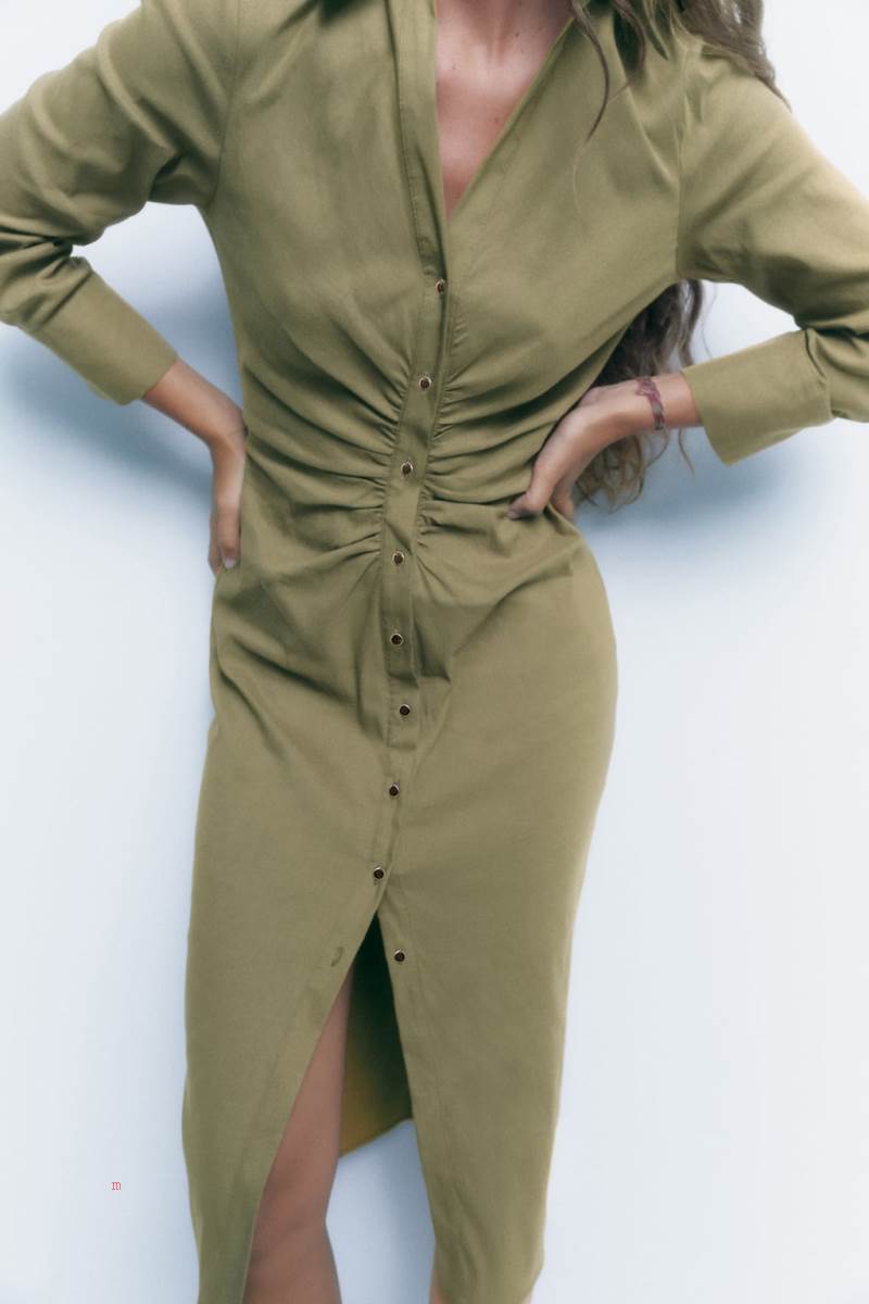 ZARA SHIRT WITH GATHERING Klänning Dam Khaki | SRWLQ-4821