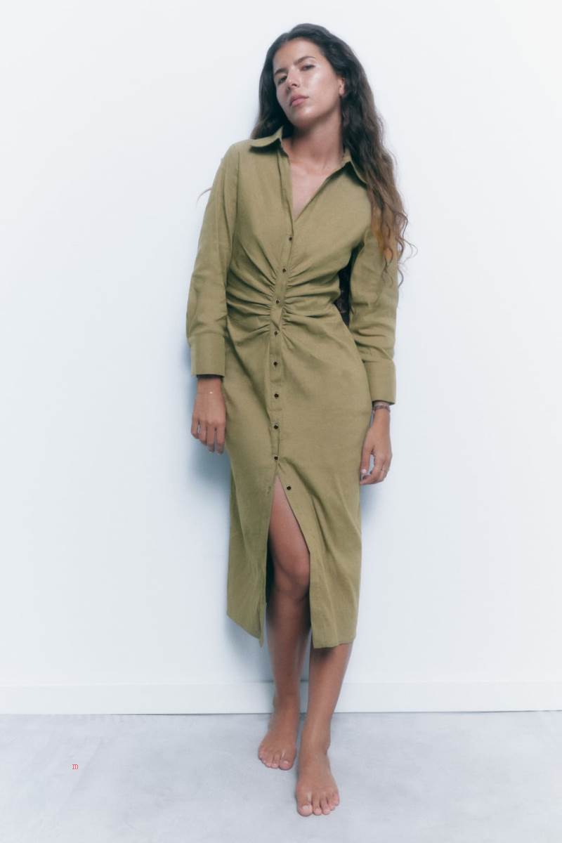 ZARA SHIRT WITH GATHERING Klänning Dam Khaki | SRWLQ-4821