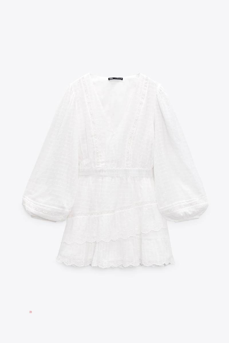 ZARA SHORT DRESS WITH EMBROIDERED LACE TRIMS Klänning Dam Vita | TNZIU-3810