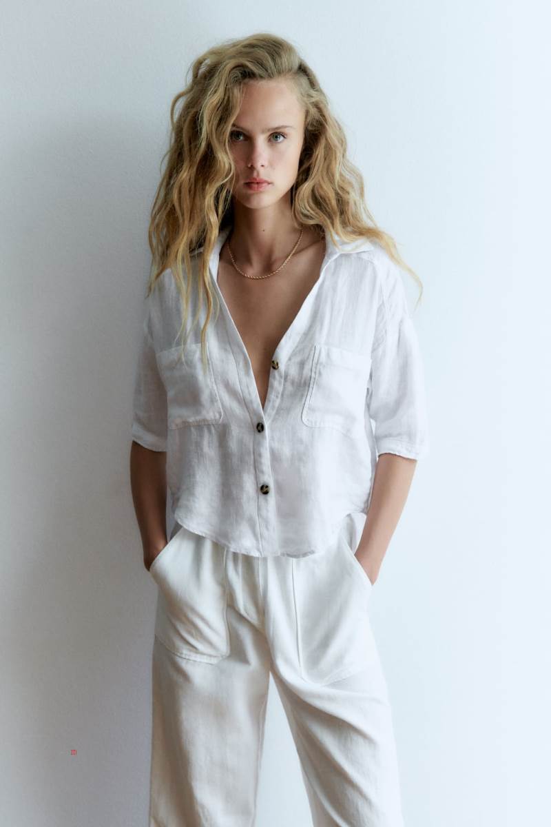 ZARA SHORT SLEEVE LINEN Skjorta Dam Vita | EGLAO-6793