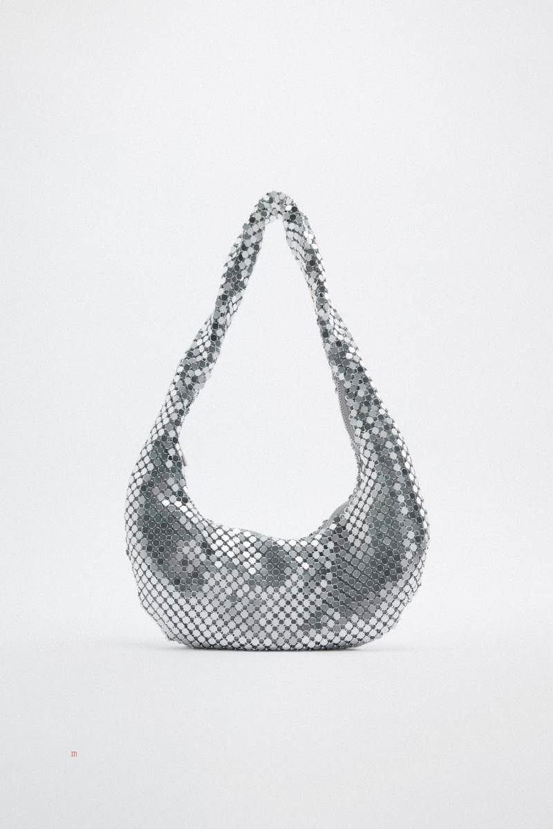 ZARA SHOULDER BAG WITH METALLIC MESH Axelväska Dam Silver | QXSLN-1054