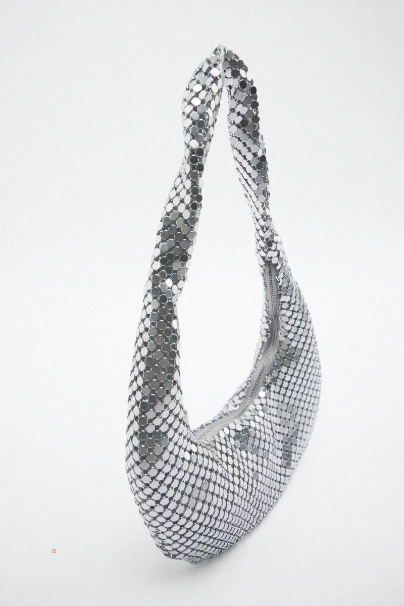 ZARA SHOULDER BAG WITH METALLIC MESH Axelväska Dam Silver | QXSLN-1054