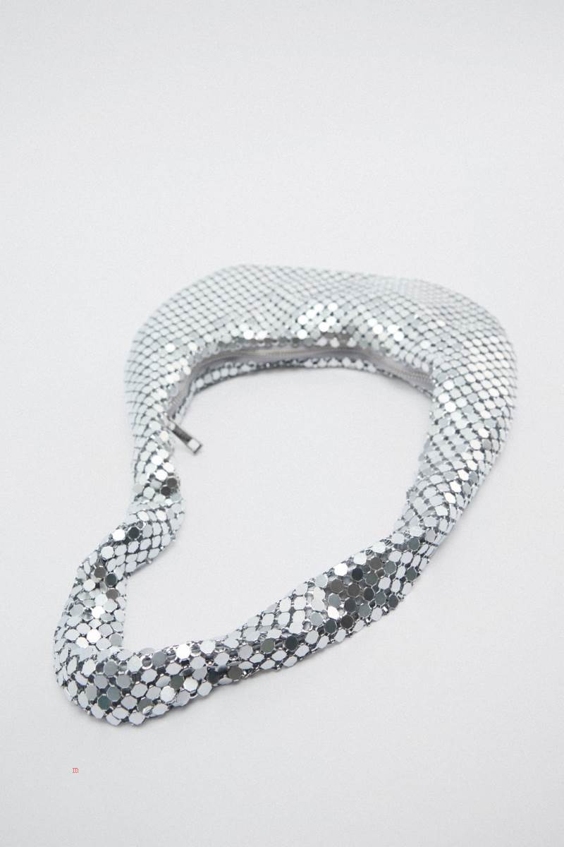 ZARA SHOULDER BAG WITH METALLIC MESH Axelväska Dam Silver | QXSLN-1054