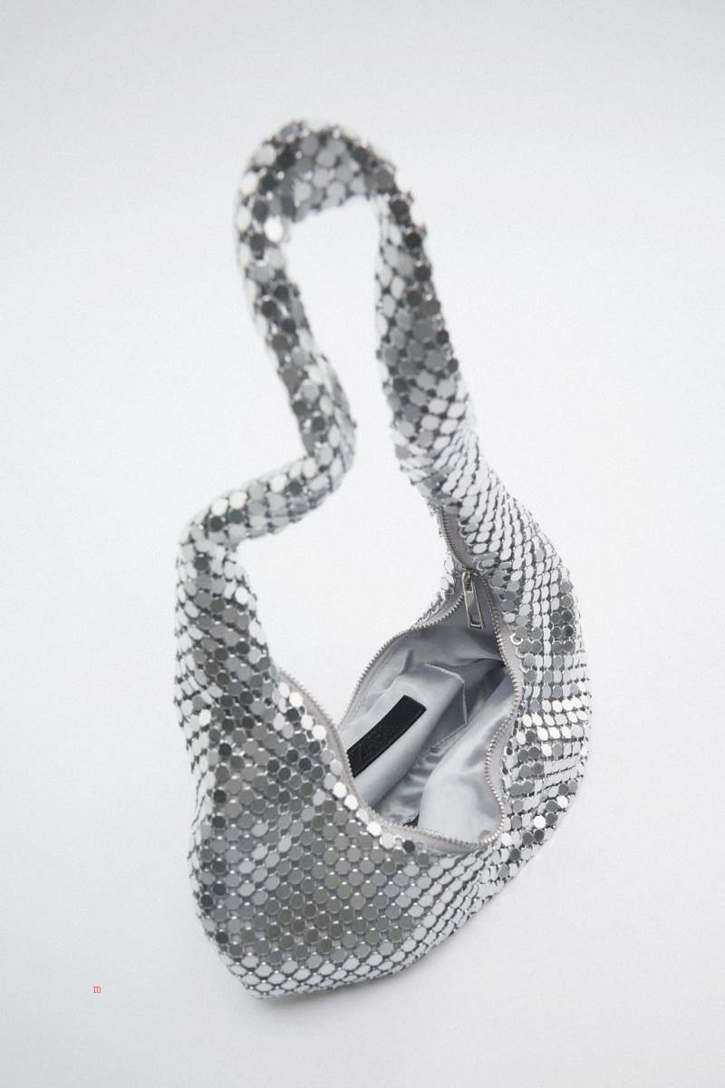 ZARA SHOULDER BAG WITH METALLIC MESH Axelväska Dam Silver | QXSLN-1054