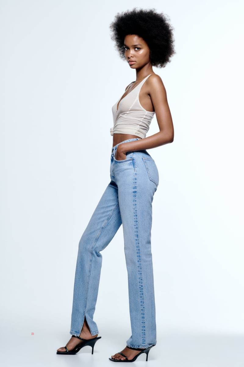 ZARA SLIM-FIT SPLIT-HEM TRF High Midja Jeans Dam Blå | BUAQI-3615