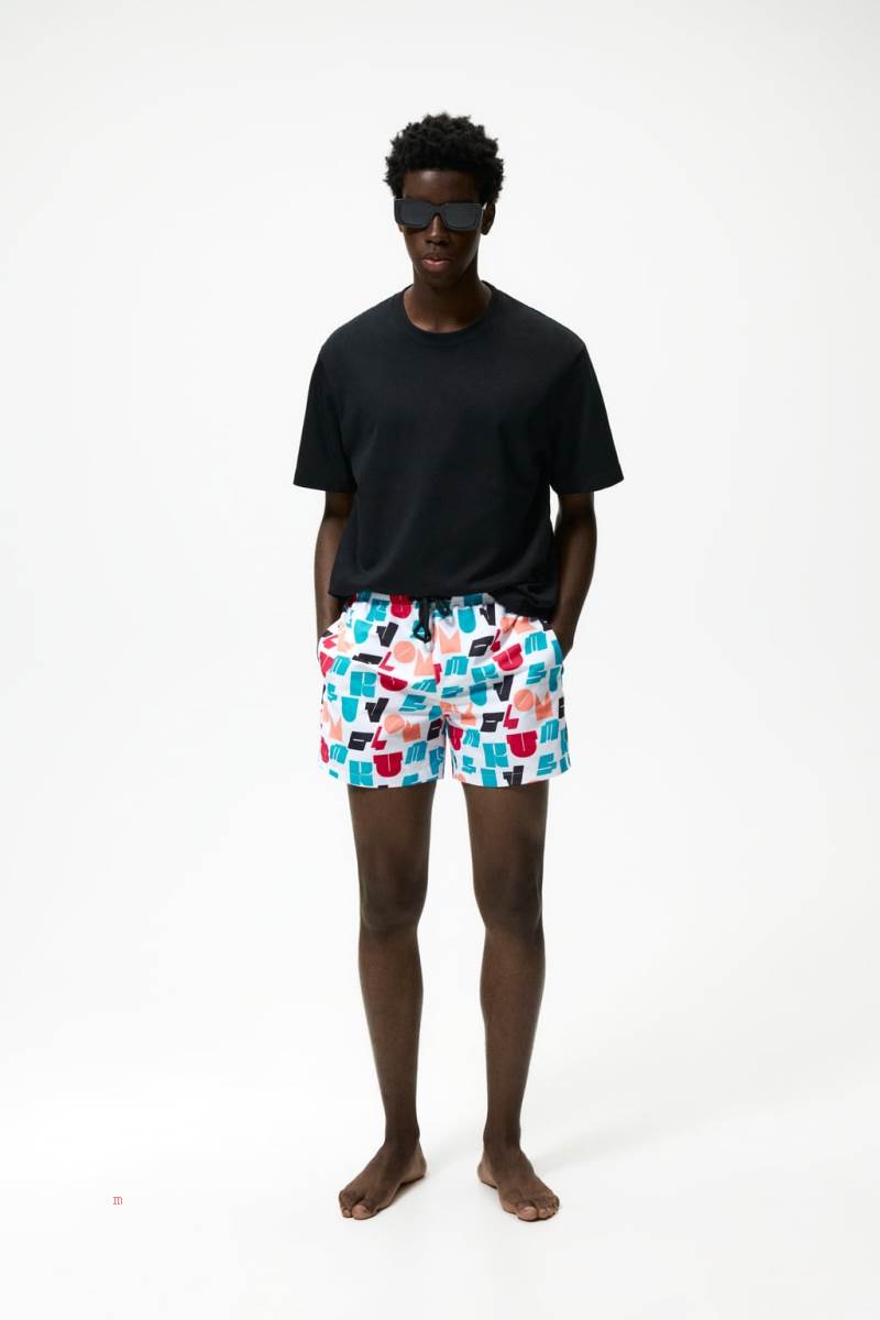 ZARA SLOGAN PRINT SWIMMING TRUNKS Badkläder Herr Vita | YJOXU-3591
