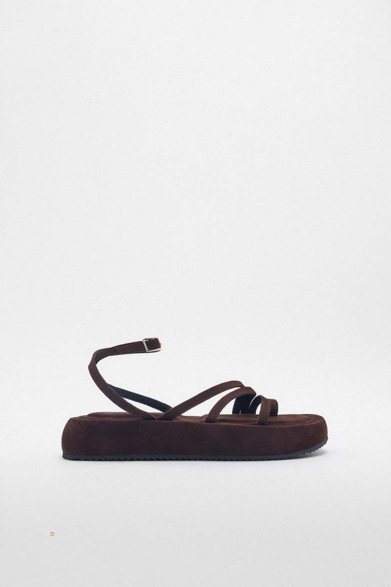ZARA SPLIT SUEDE FLAT SLIDER Sandaler Dam Choklad Bruna | LOBYA-8572