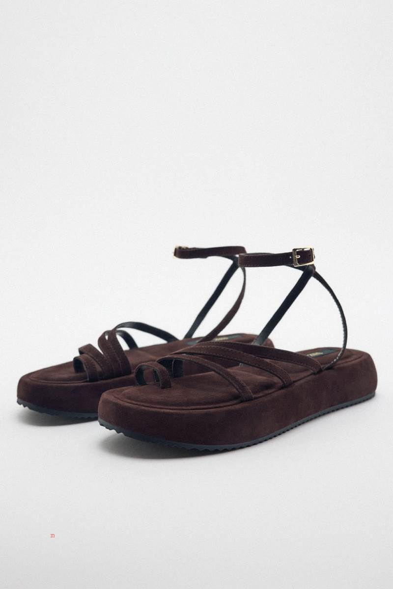 ZARA SPLIT SUEDE FLAT SLIDER Sandaler Dam Choklad Bruna | LOBYA-8572