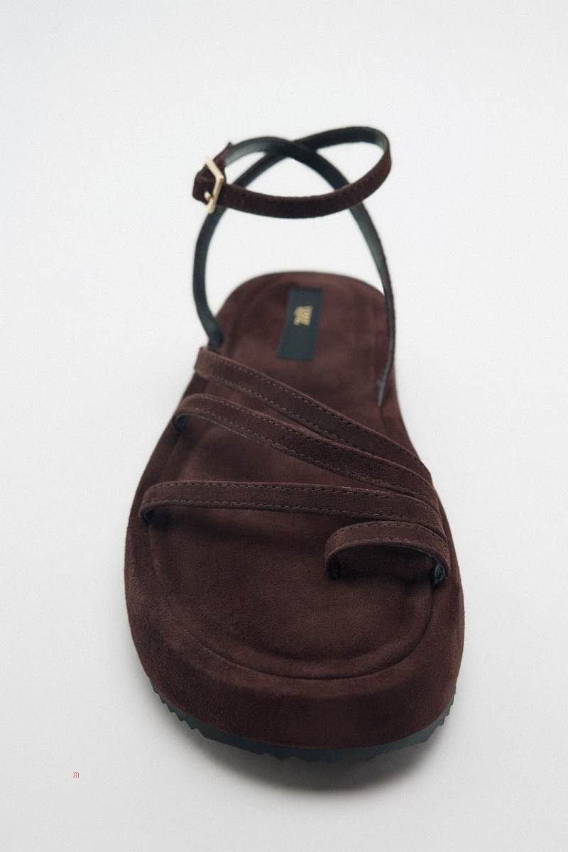 ZARA SPLIT SUEDE FLAT SLIDER Sandaler Dam Choklad Bruna | LOBYA-8572