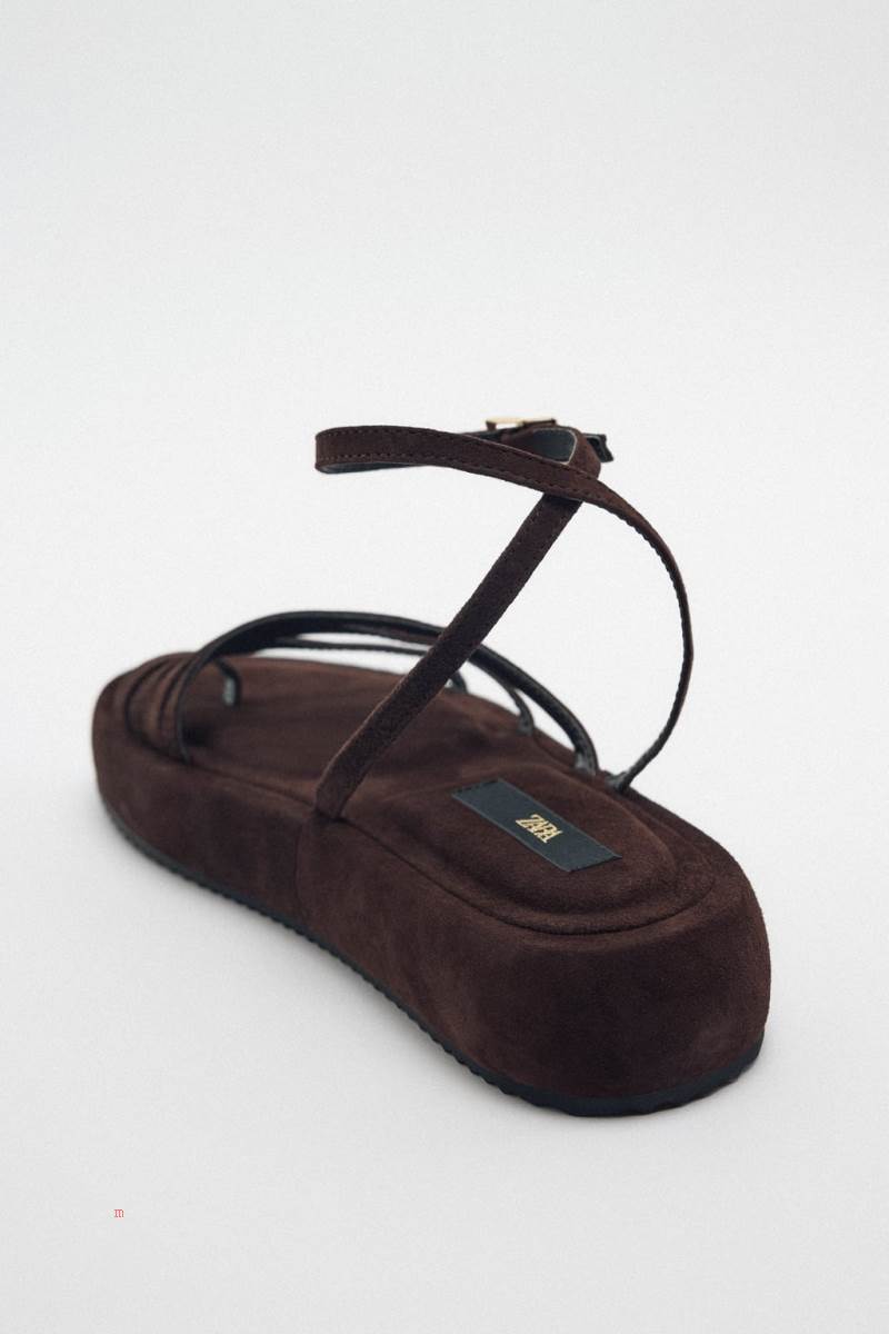 ZARA SPLIT SUEDE FLAT SLIDER Sandaler Dam Choklad Bruna | LOBYA-8572