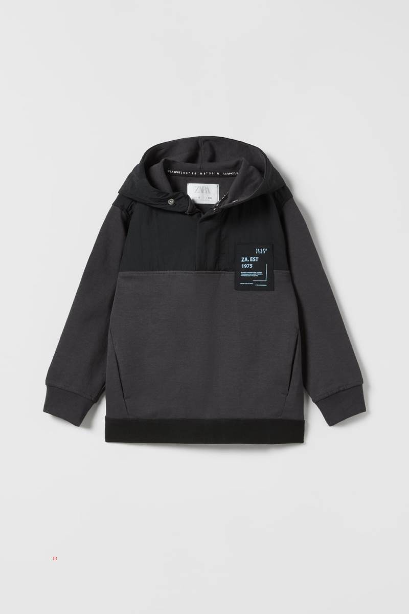 ZARA SPORTY CONTRAST COLOUR BLOCK Hoodie Pojke Mörkgrå | KVZAS-7514