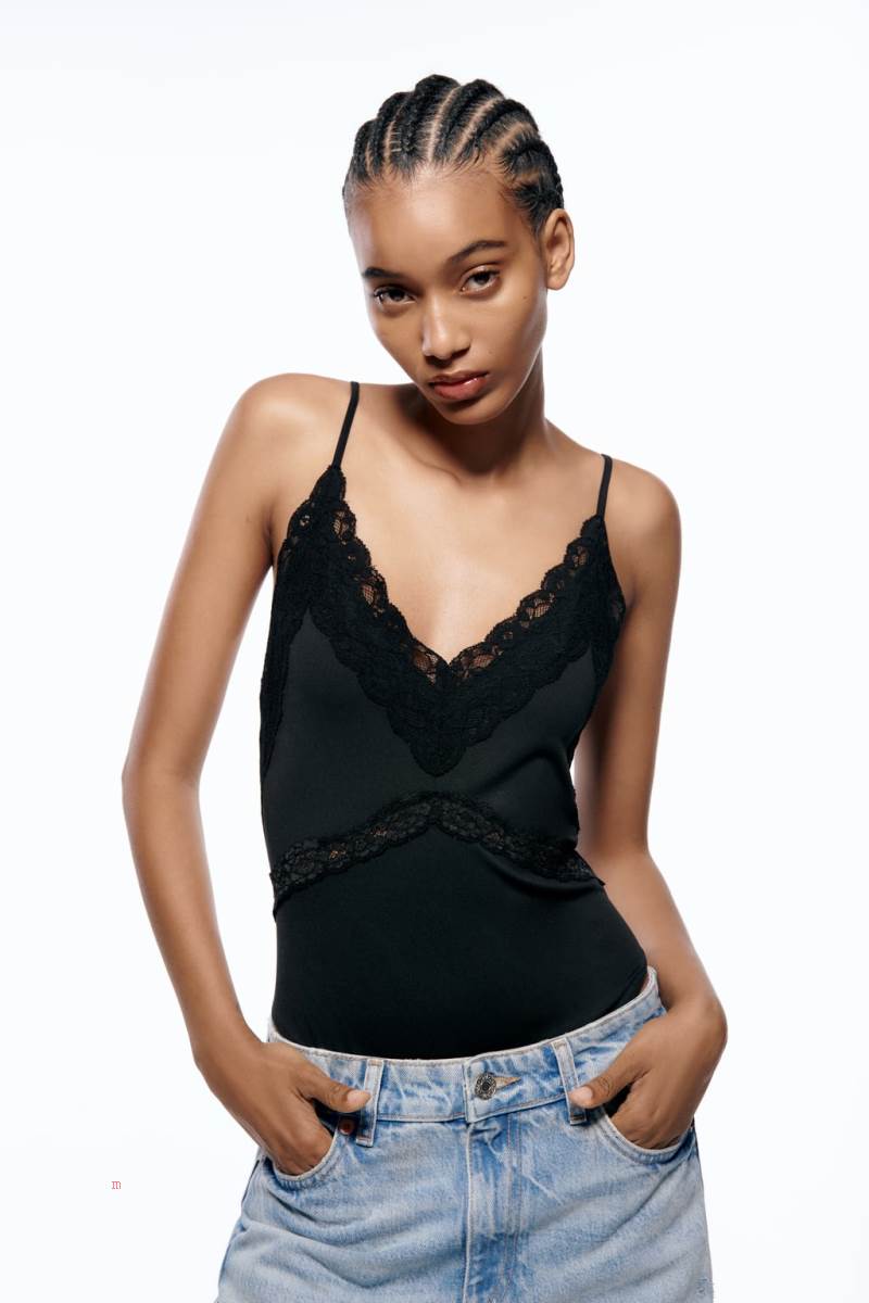 ZARA STRETCH WITH LACE TRIM Bodysuit Dam Svarta | ZIXKH-8210